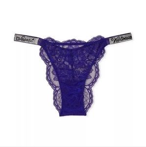 Victoria Secret-Shine Strap Logo Rhinestone Brazilian Lace Panty (Ocean Blue) M